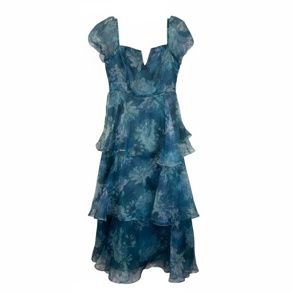 Lulu's Dresses & Skirts - Lulu's Lulus Darling Vision Teal Floral Organza Puff Sleeve Tiered Midi Dress M